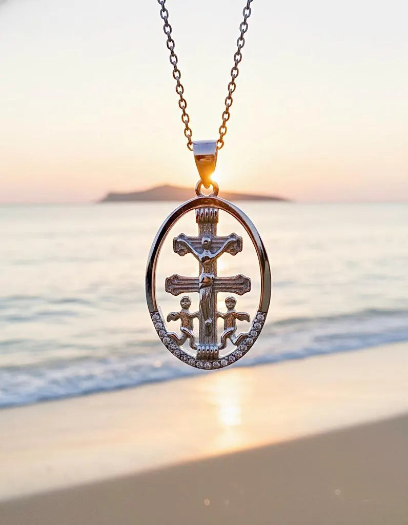 Caravaca de la Cruz Cross Solid Sterling Silver inlay zircon Two angels lignum crucis