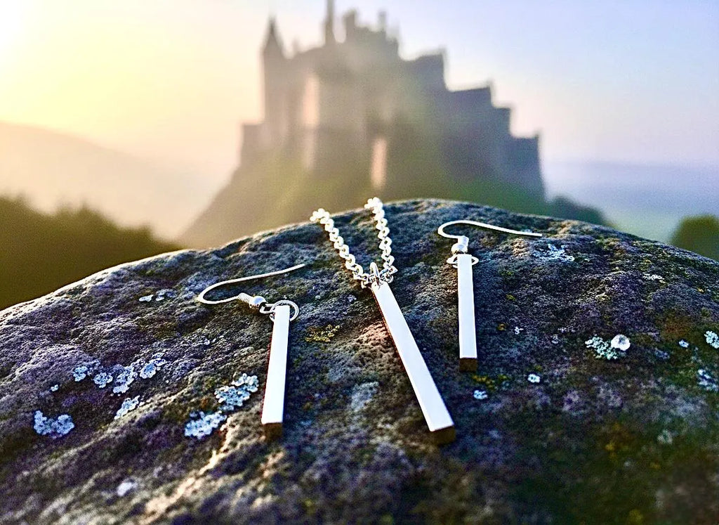 Set - Pillar Vertical Bar Earring and Necklace Set Square Bar Earrings Bar necklace Sterling Silver Bar Necklace