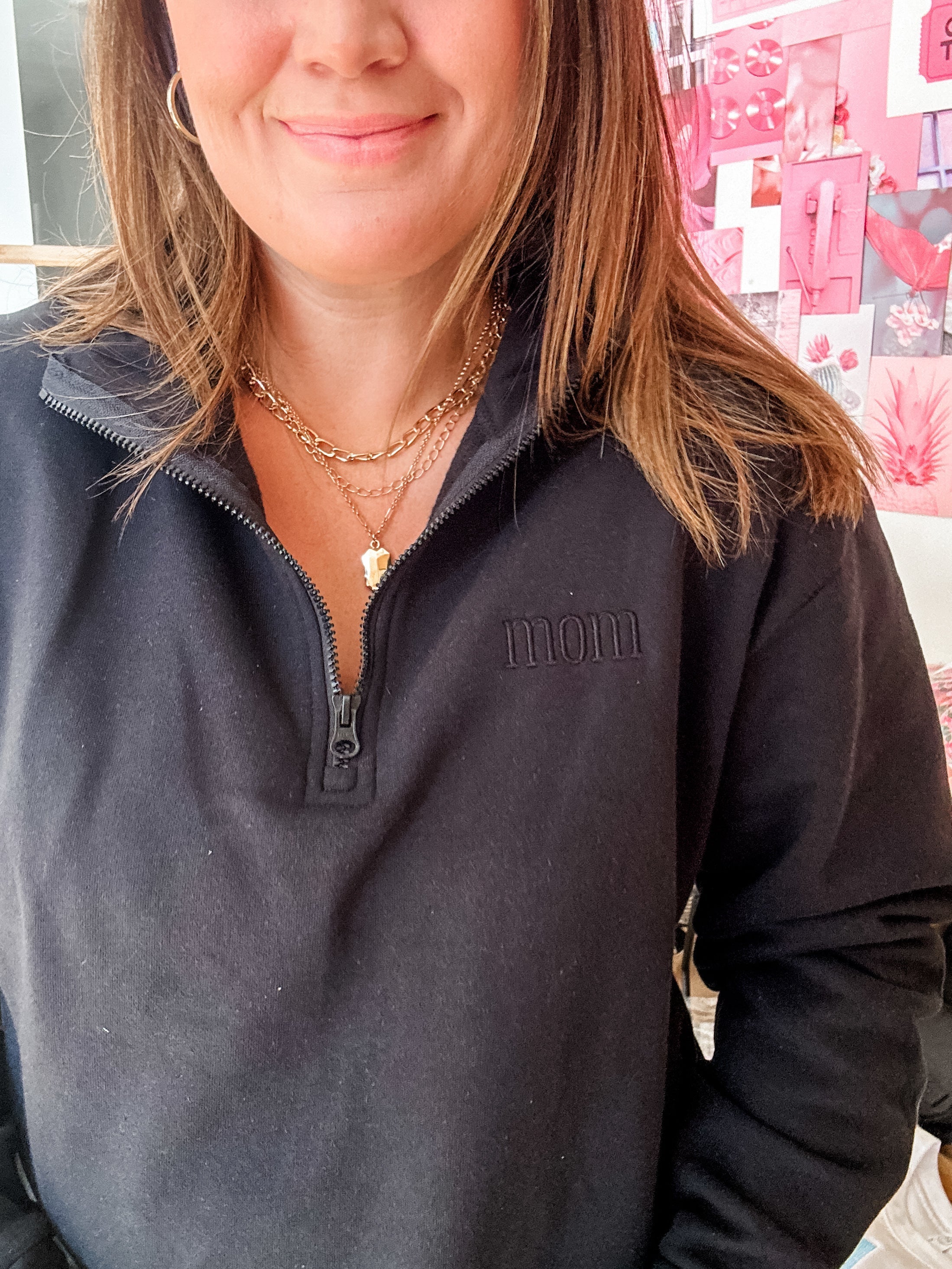 Embroidered Subtle MOM (tone on tone) - Black Quarter Zip Fleece