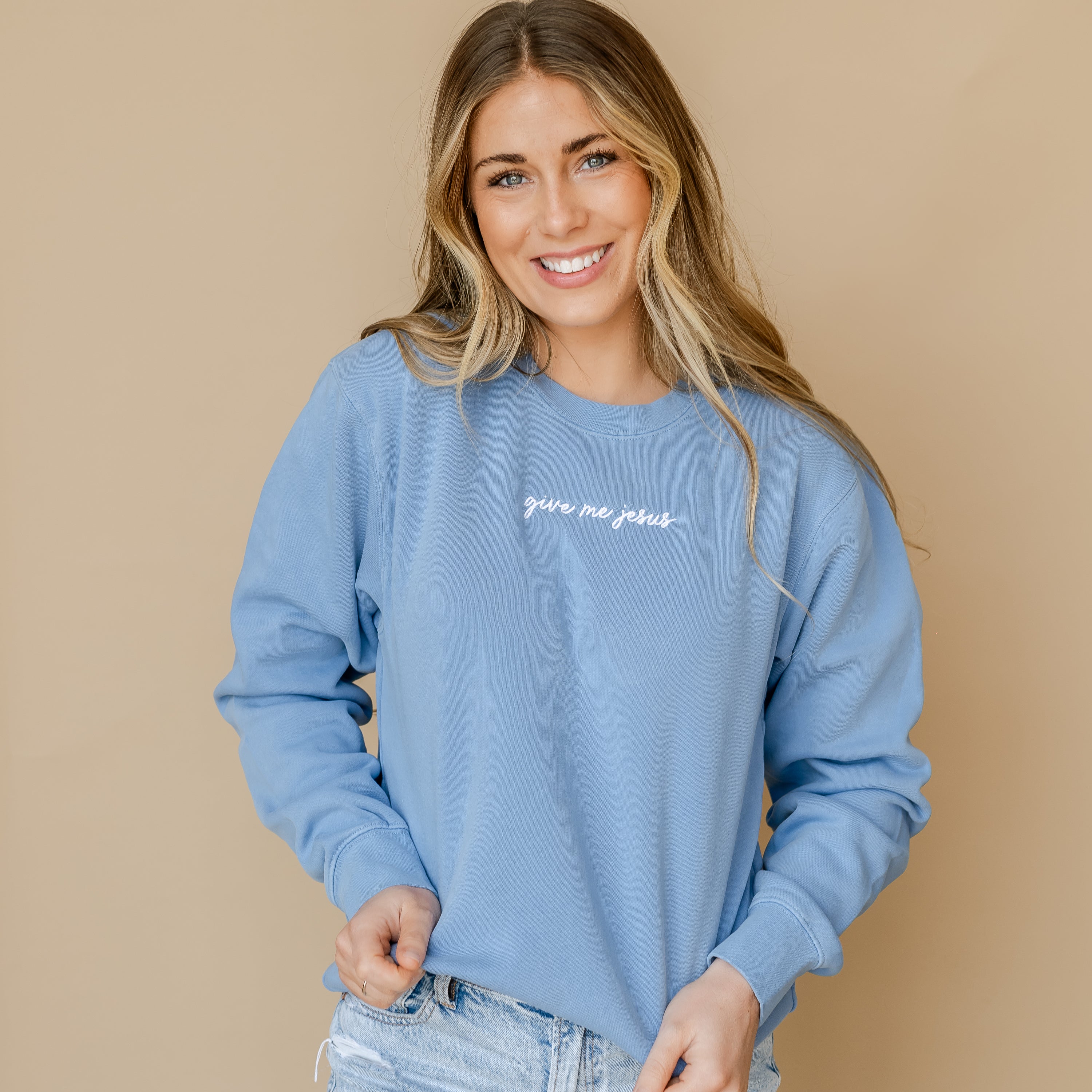 Embroidered Pigment Crewneck - Give Me Jesus
