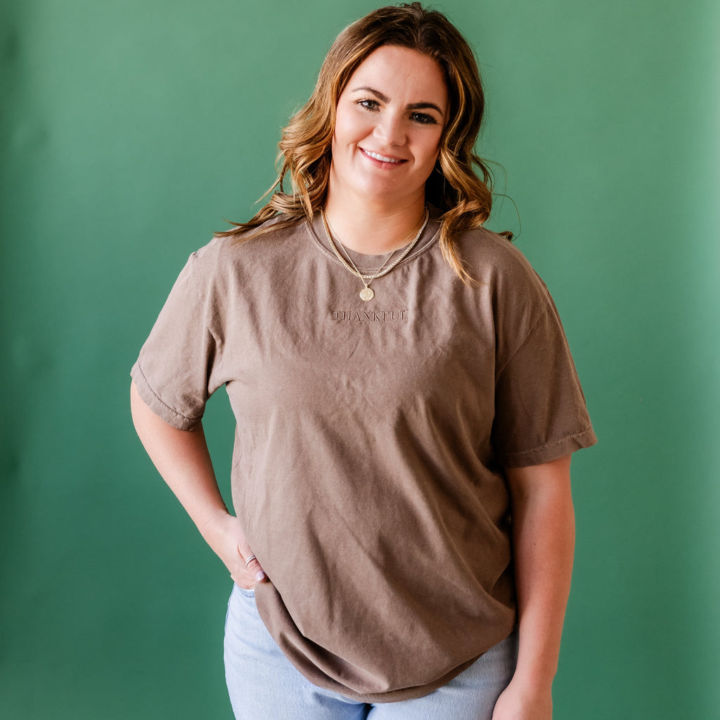 Embroidered/Printed Comfort Colors Tee - Tone on Tone - Thankful/So Much To be Thankful For (center&b)