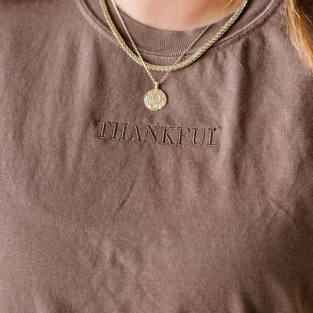 Embroidered/Printed Comfort Colors Tee - Tone on Tone - Thankful/So Much To be Thankful For (center&b)
