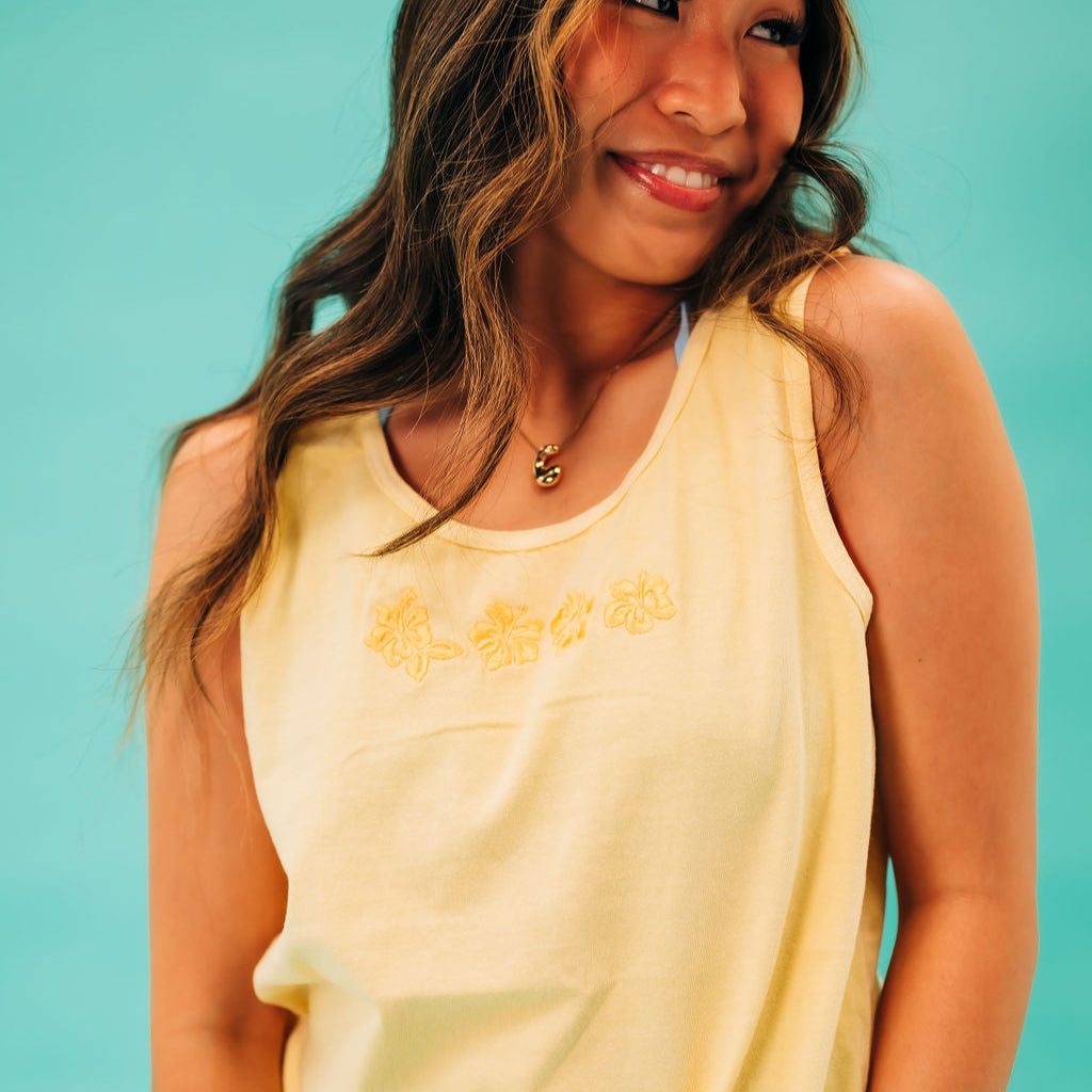 Embroidered Tone on Tone - Comfort Colors TANK - Hibiscus x4 Flowers