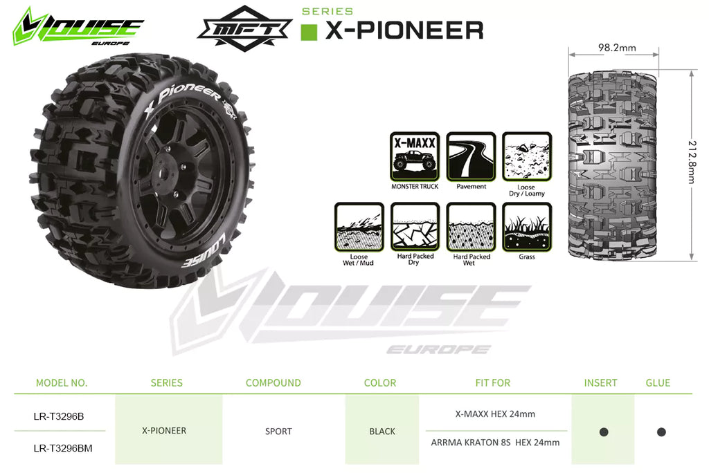 Louise R/C MT-Pioneer MFT Belted Monster Truck Tires Mounted 24mm Hex Pair for Arrma Kraton 8S