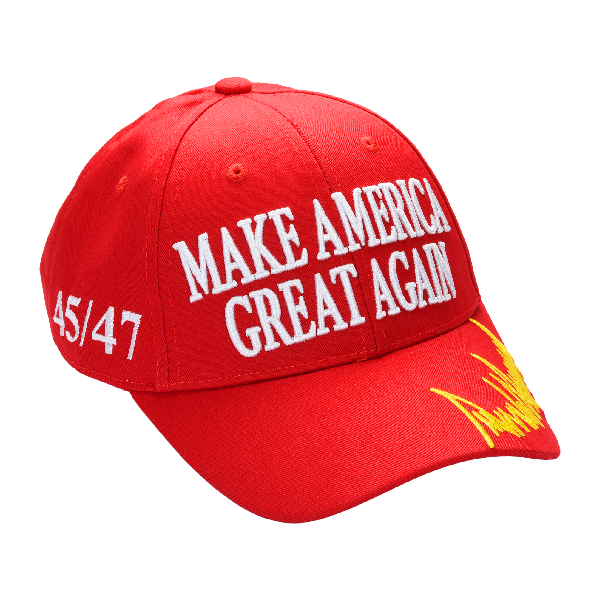 MAGA Baseball Cap with Trump Yellow Signature Bill ‒ Patriotic Red Snapback Hat for Men & Women / Trump 45-47