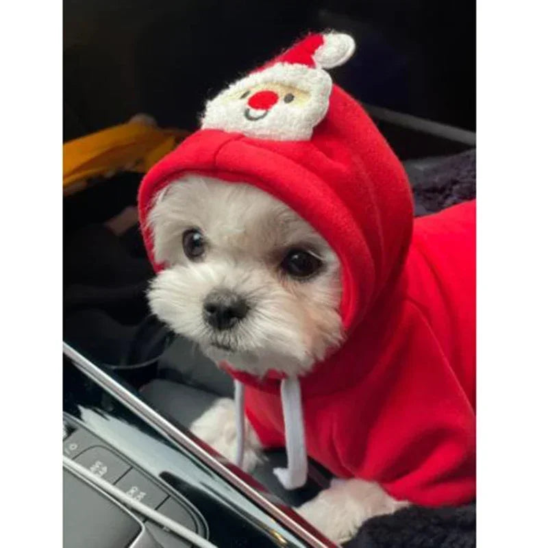 Christmas Dog Hoodie Reindeer & Santa Fleece Coat Winter Warm Pet Jacket for Small to Medium Dogs XS-2XL