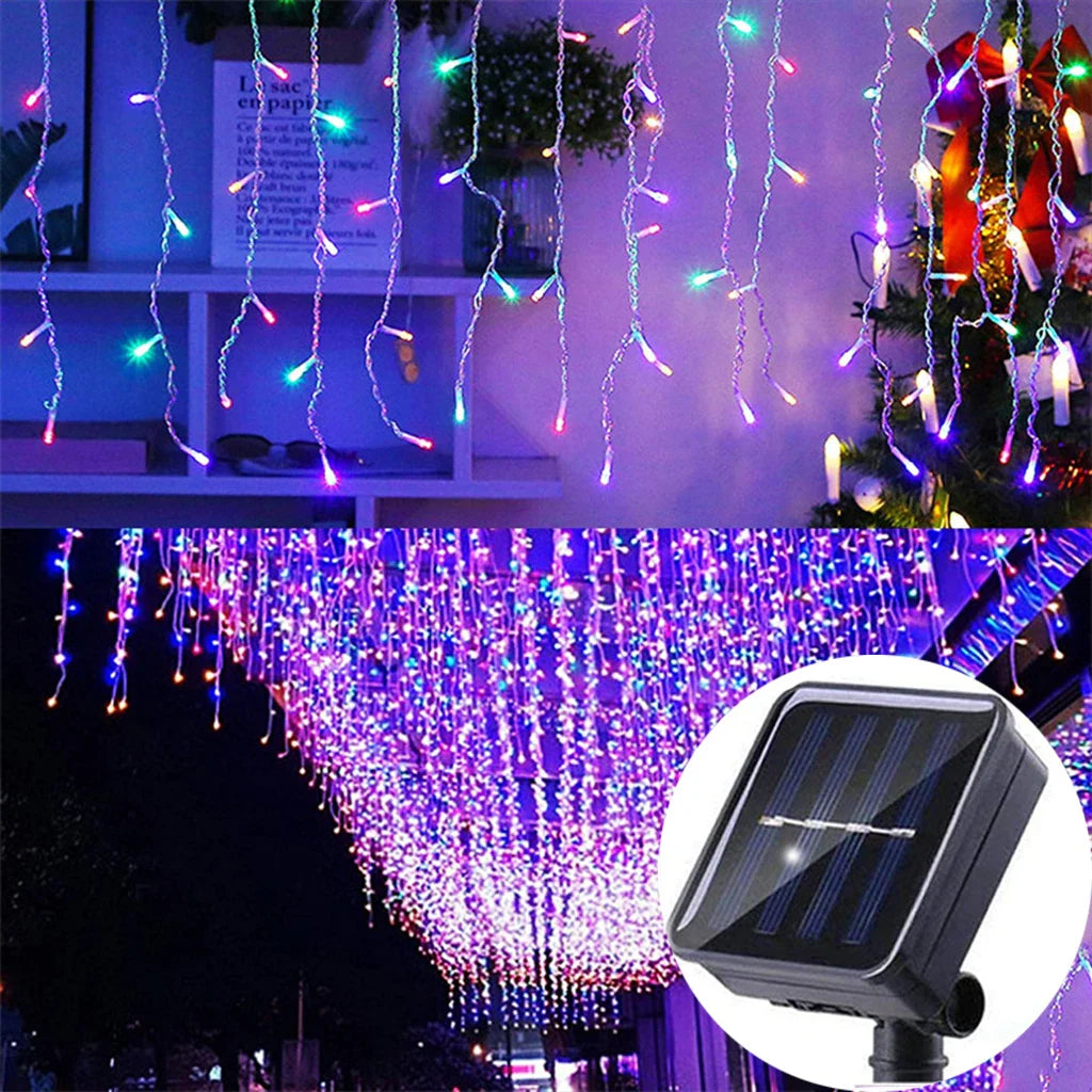 Solar Curtain Icicle Fairy String Lights 3.5M (11.5 ft) IP65 Waterproof Outdoor Wedding & Christmas Garden Decor