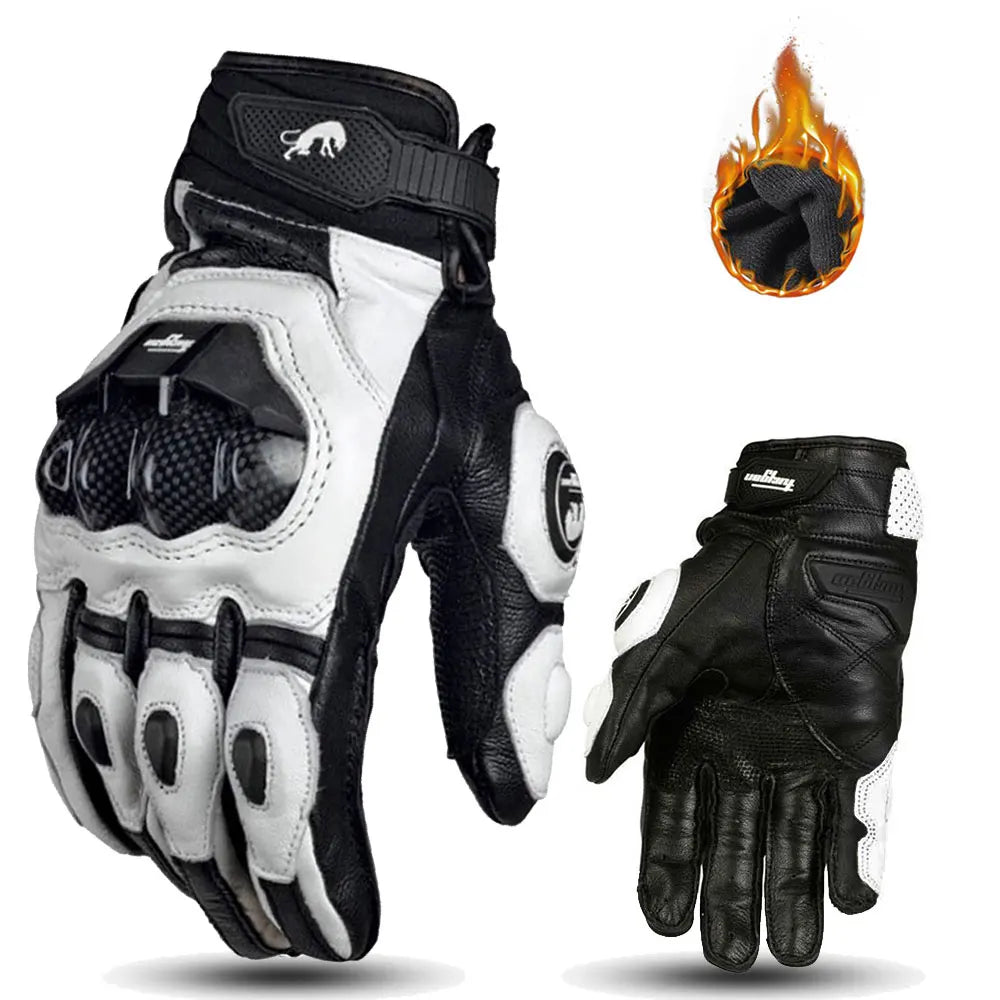 Black/White Leather Motorcycle Gloves — Waterproof Racing Riding Gloves for Men, Breathable Protective Biker Gloves