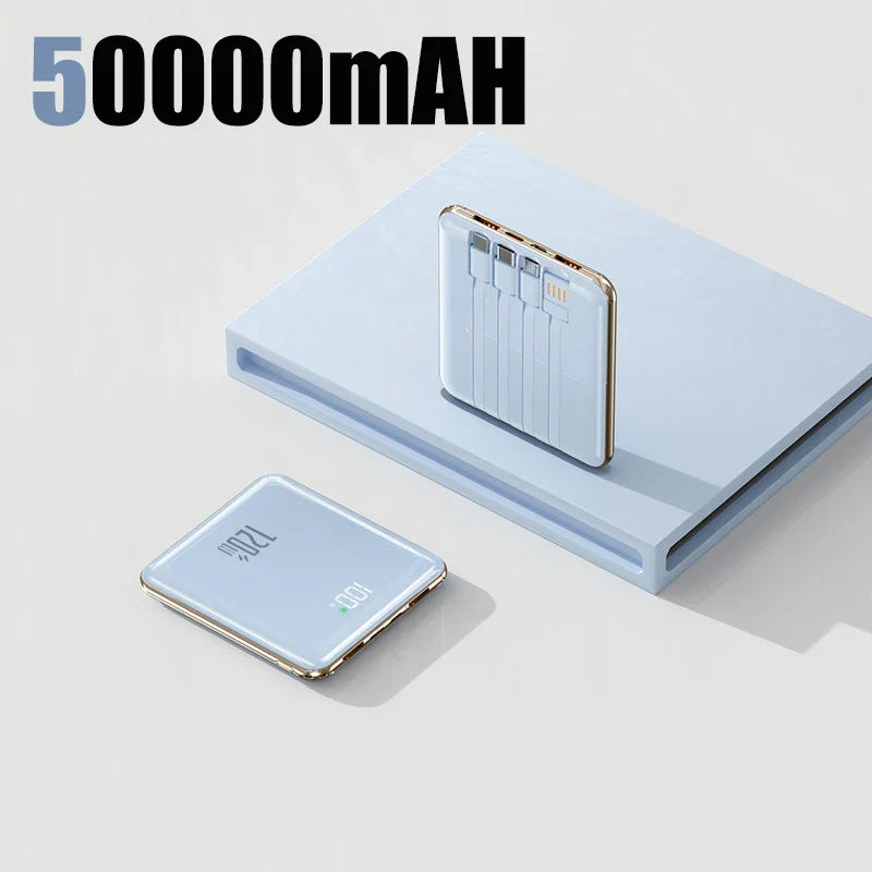 50000mAh Mini Power Bank - Large Capacity Fast Charging Portable Charger with 4 Built-In Cables (USB-C, Lightning, Micro USB) for Smartphones