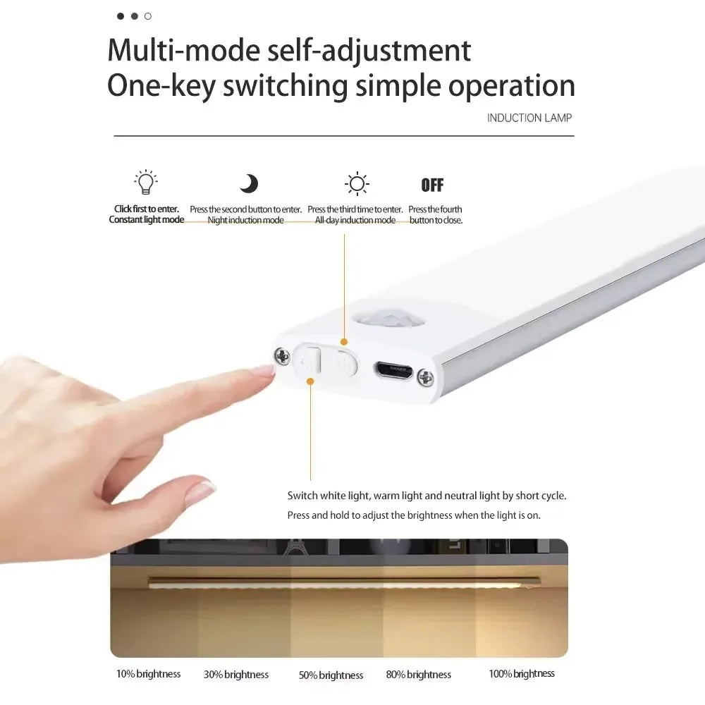 Rechargeable LED Motion Sensor Under Cabinet Light 10/20/30/40/50 cm (3.9/7.9/11.8/15.7/19.7 in) 3-in-1 Color Temp for Closet Kitchen Wardrobe
