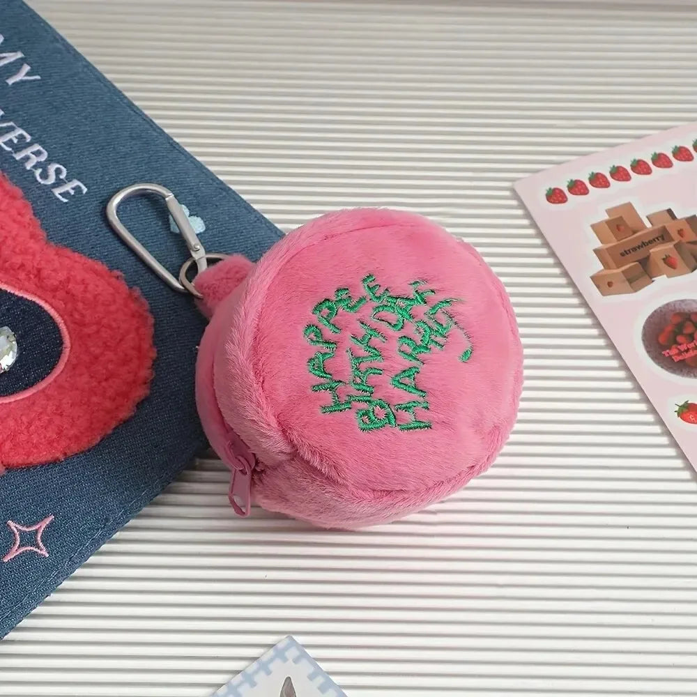 Pink Kawaii Mini Plush Coin Purse – Cute Cake Design Earphone & Cord Storage Pouch with Keychain