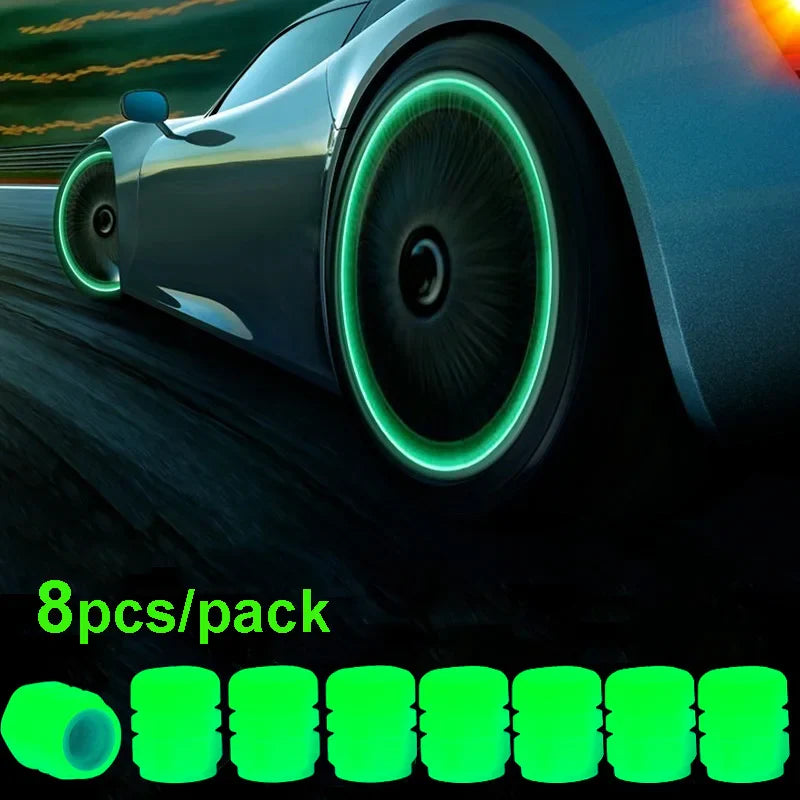 Glow-in-the-Dark Luminous Tire Valve Caps Set of 4 — Fluorescent Wheel Valve Stem Caps Universal for Car Motorcycle Bicycle