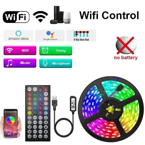 5V USB RGB LED Strip Light – Adhesive RGB Tape with Remote, WiFi & Bluetooth Controllers, Lengths 1m–30m (3.3ft–98.4ft)