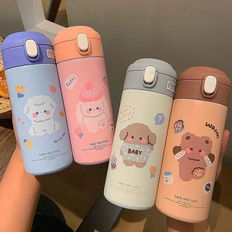 380ml (13 fl oz) Stainless Steel Insulated Thermos Bottle with Straw - Cute Cartoon Tumbler for Women