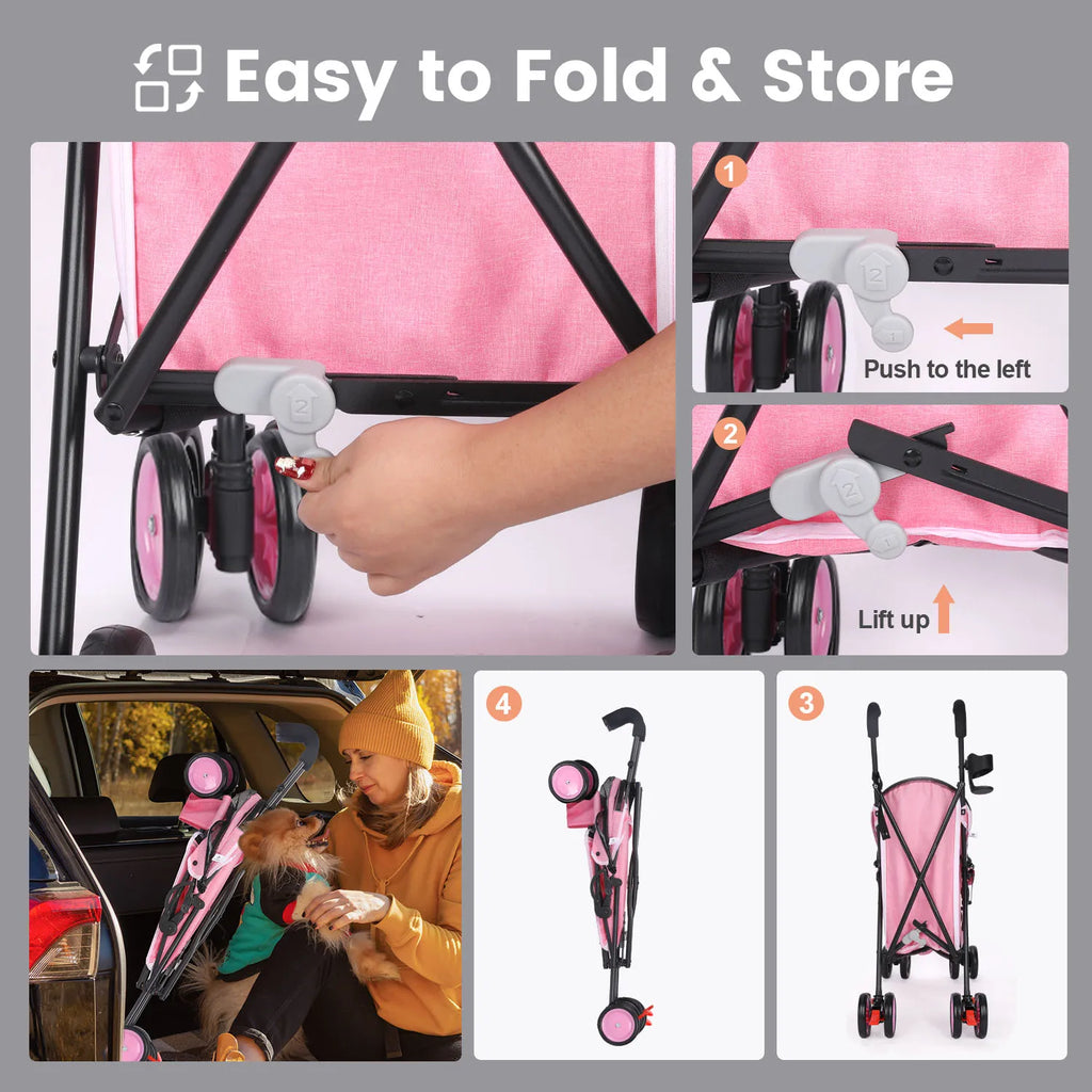 4-Wheel Pet Stroller for Dogs & Cats with Rotating Front Wheels, Brakes and Storage for Travel & Outdoor