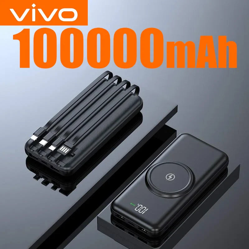 200000mAh Portable Power Bank Wireless Charger — 4 Built-In Cables, LED Digital Display, PD 20W & 120W Fast Charge