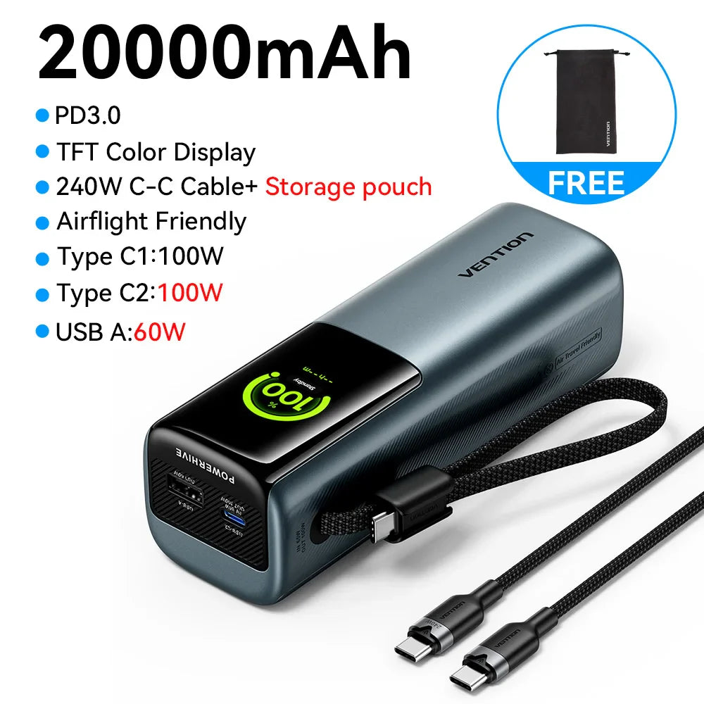 20000mAh 165W PD Power Bank with Built-in USB-C Cable – Fast Portable Charger for Laptop, Phone & Multiple Devices
