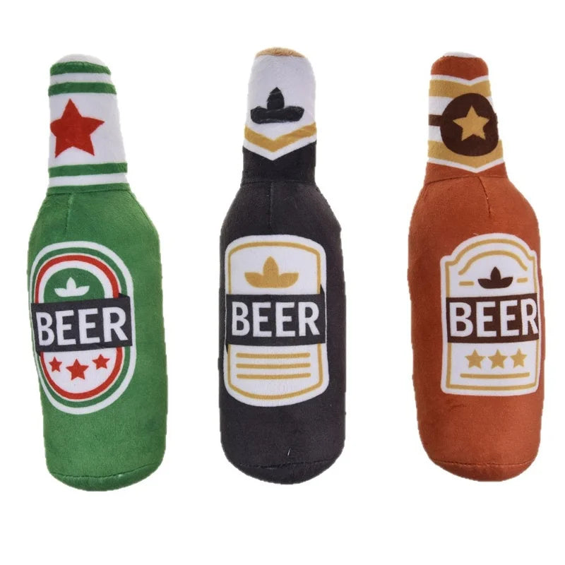 Plush Beer Bottle Dog Chew Toy - Squeaky, Bite-Resistant Interactive Toy for Small to Large Dogs, Teeth Cleaning