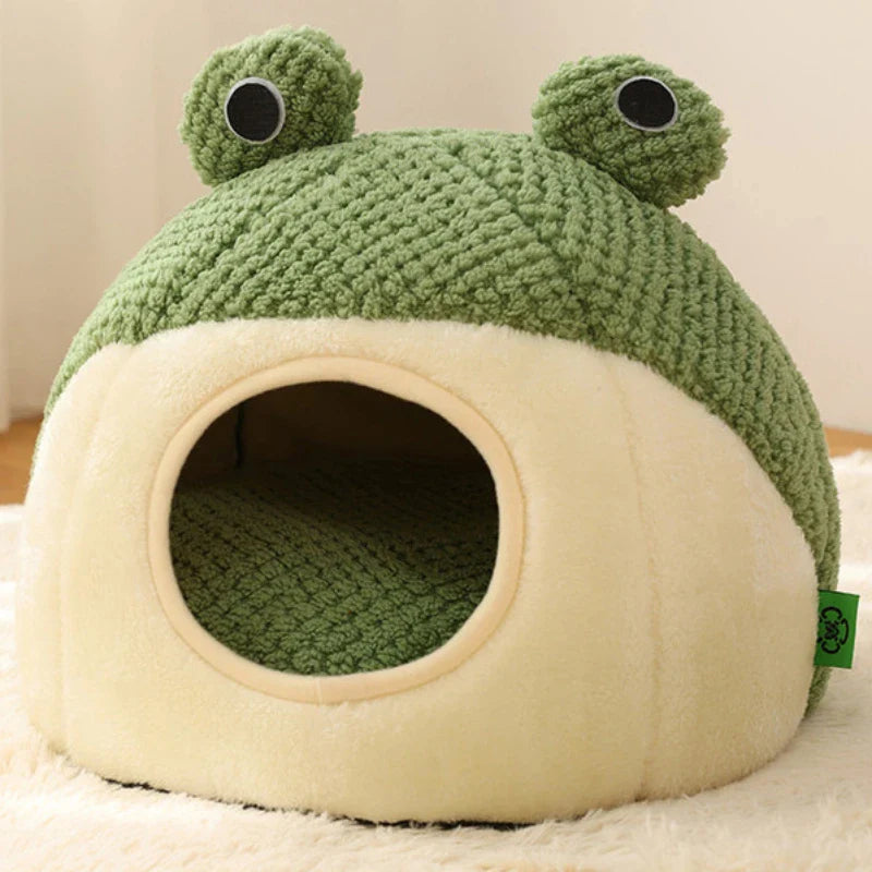 Frog-Shaped Semi-Enclosed Plush Pet Bed – Warm Cat House & Small Dog Den, Cozy Kitten Puppy Nest