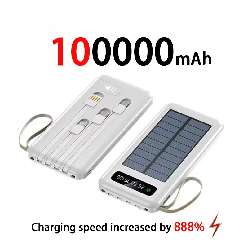 200000mAh Solar Power Bank – Large Capacity Portable Charger with Dual USB, 4 Built-In Cables, Fast Charging & LED Display