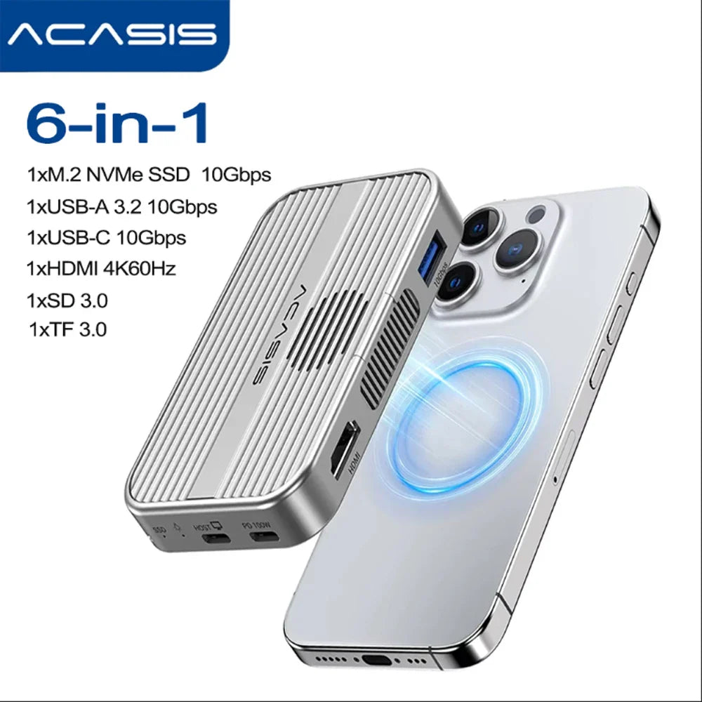 MagSafe Magnetic M.2 NVMe SSD Enclosure & 6-in-1 USB-C Docking Station — 10Gbps, HDMI 4K@60Hz, SD/TF, PD 100W, Cooling Fan, Supports 2230/2242/2260/2280 up to 8TB