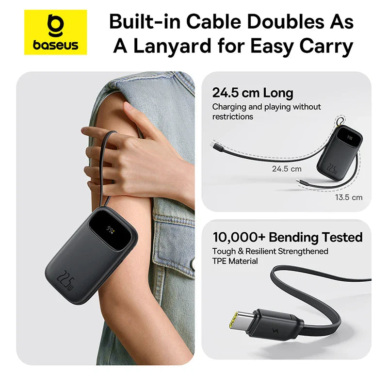 22.5W Fast Charging 10000mAh / 20000mAh Power Bank with Built-In Retractable USB-C & Lightning Cables – Portable Charger for iPhone, Samsung, Xiaomi