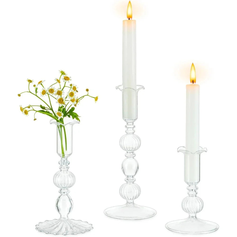 3-Piece Glass Taper Candle Holders and Flower Vases for Wedding Table Centerpiece