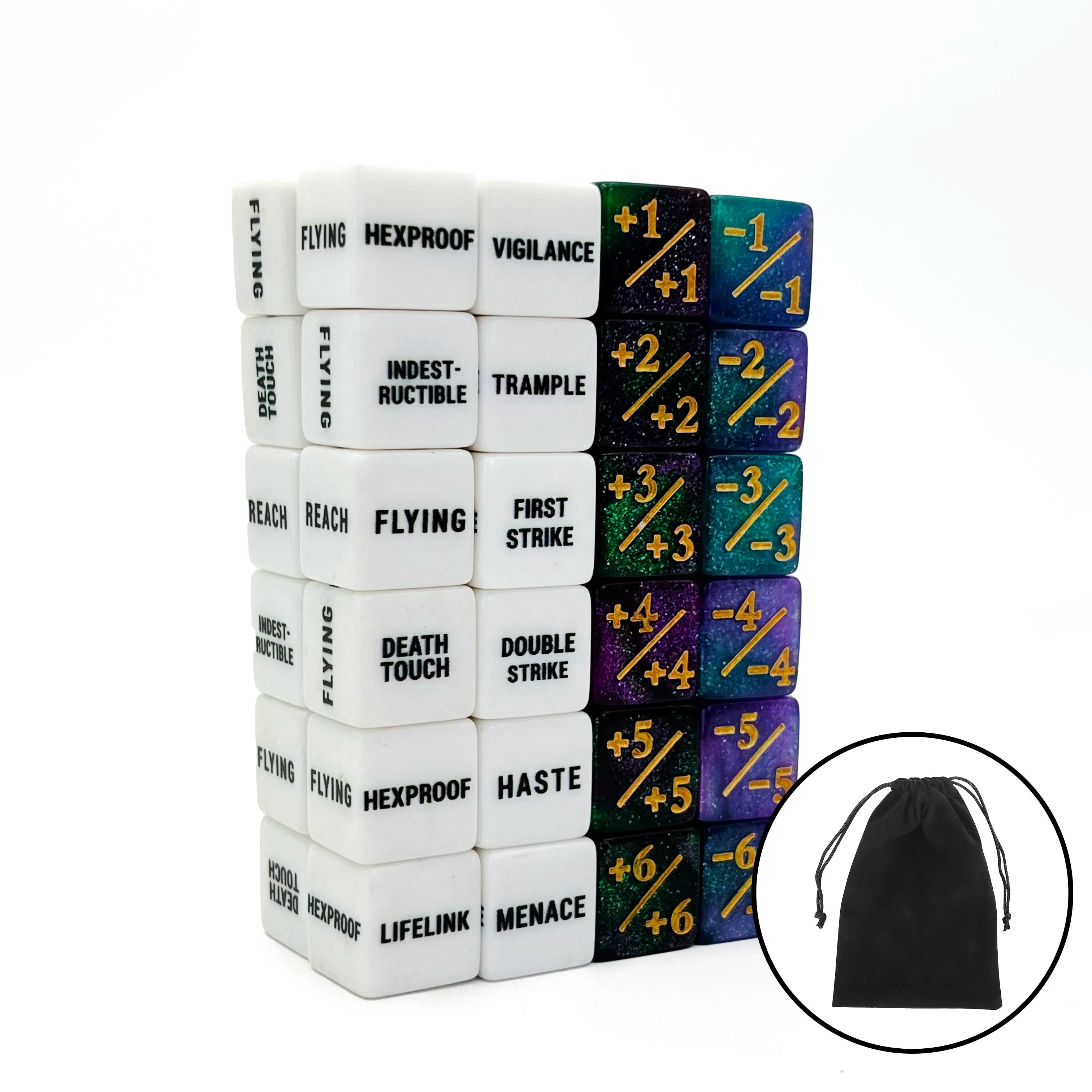 48-Pack Keyword Ability Counters & Buff Dice for TCG Card Games, 16mm (0.63in) Colorful D6 Creature Stat Tokens with Velvet Bag