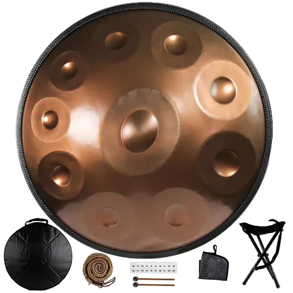 D Minor Kurd Handpan Drum – 22 in (56 cm) Steel Hand Drum, 9/10/12-Note 440Hz with Mallets & Woven Rattan Edge