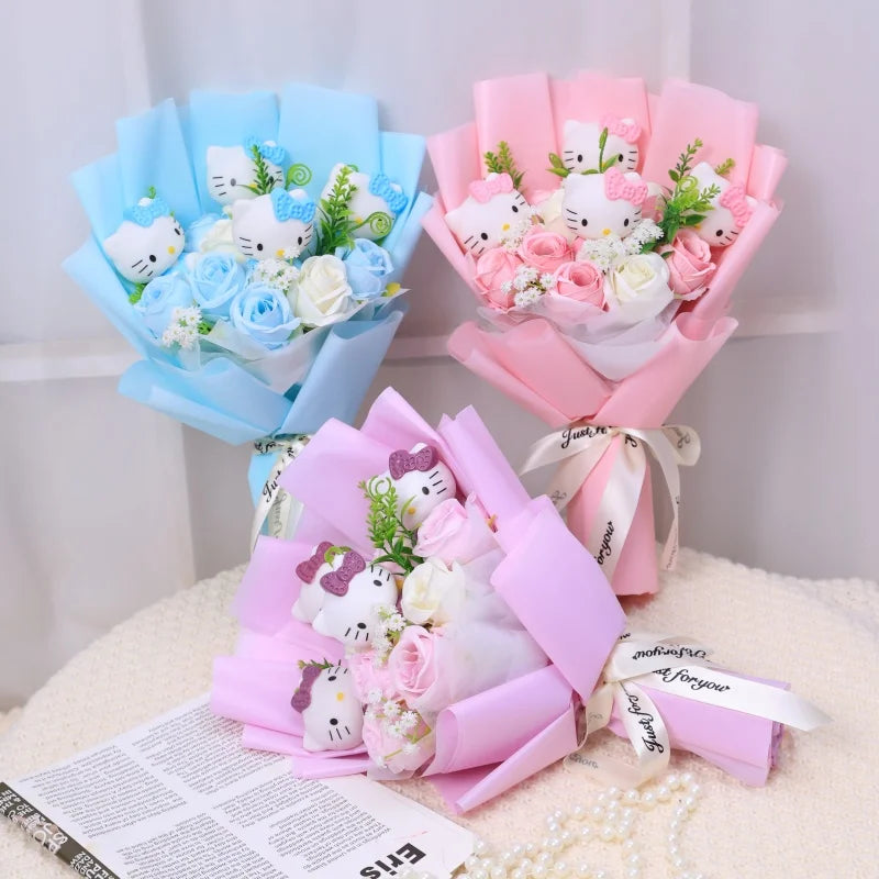 Kawaii Cat Plush Bouquet with Artificial Flowers — Cute Plush Doll Gift for Her, Valentine, Birthday, Graduation