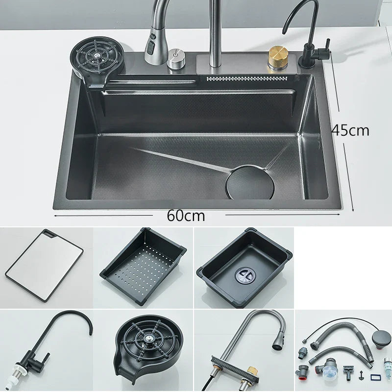 304 Stainless Steel 60 x 45 cm (23.6 x 17.7 in) Single Bowl Kitchen Sink with Waterfall Faucet Set, Soap Dispenser & Filter