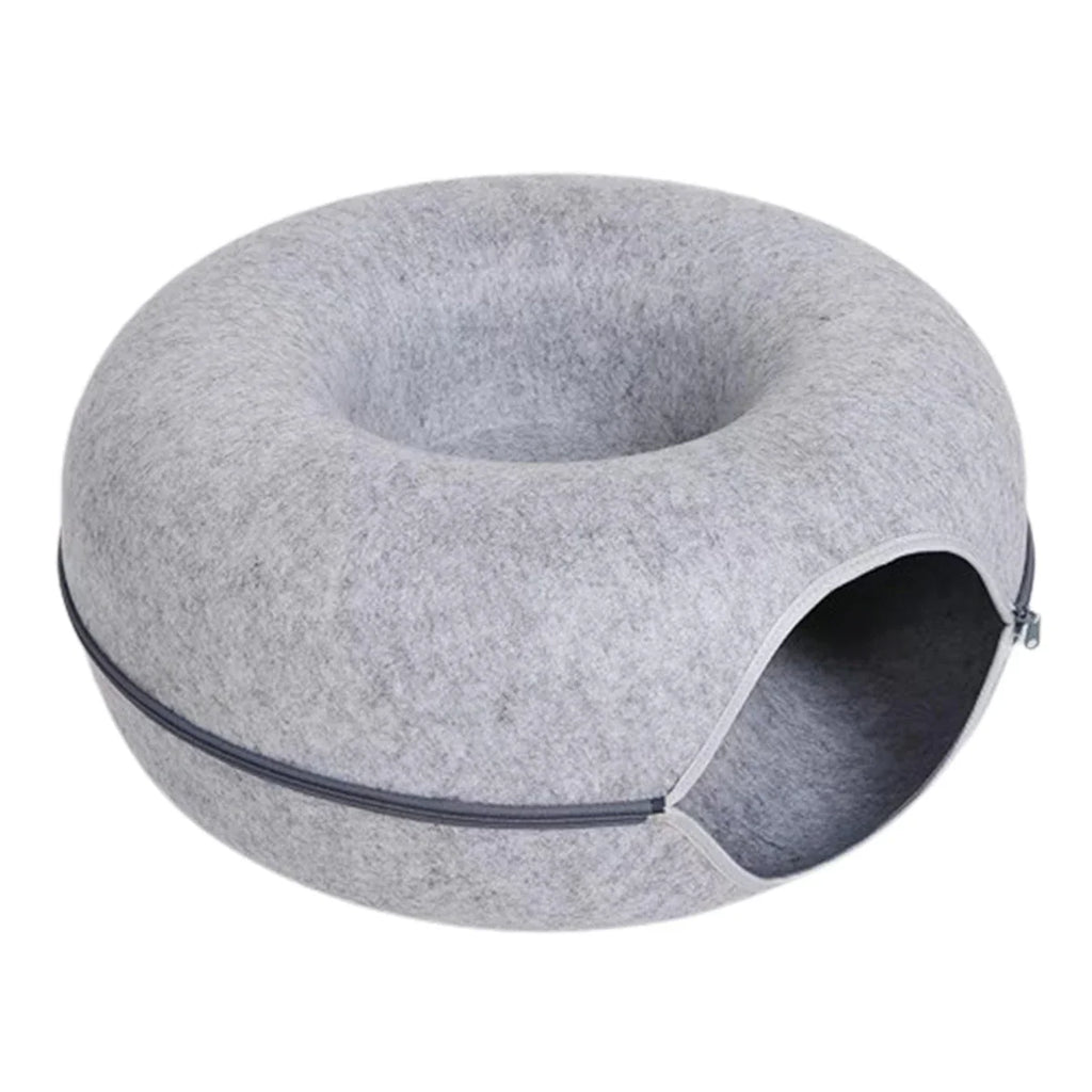2-in-1 Felt Donut Cat Bed & Tunnel — Foldable Felt Nest with Breather Hole — M 50x50x20 cm (19.7x19.7x7.9 in) / L 60x60x28 cm (23.6x23.6x11.0 in)