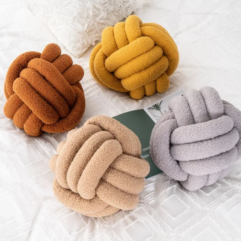 Aesthetic Knotted Ball Plush Cushion - Nordic Round Throw Pillow for Sofa & Bed, 22/28 cm (8.7/11 in)