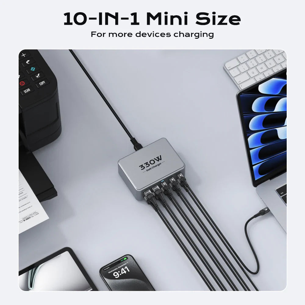 330W GaN USB-C 10-Port Fast Charger - 100W PD3.0 PPS QC3.0 Multiport Charging Station for Laptop, iPhone, Samsung, MacBook, Tablet