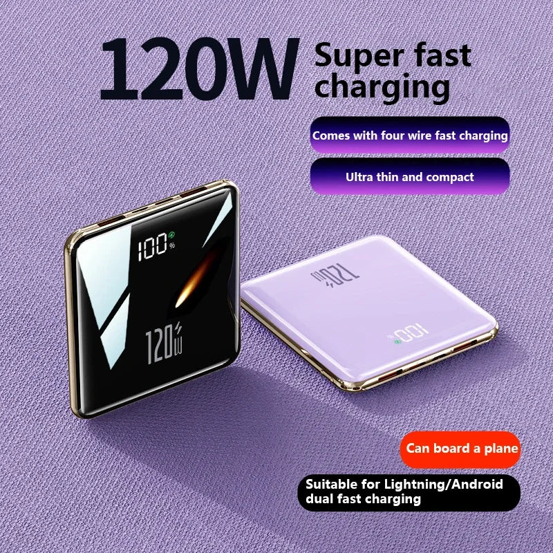 500,000 mAh Mini Power Bank Built-in 4 Cables 120W Fast Charging Portable External Battery for Android & iOS