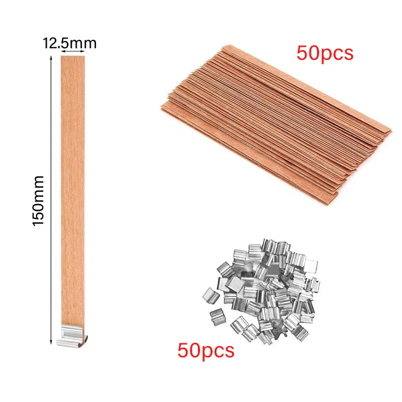30/50-Pack Cherry Wood Candle Wicks with Metal Clip Bases – Smokeless Wooden Wicks for DIY Jar Candles