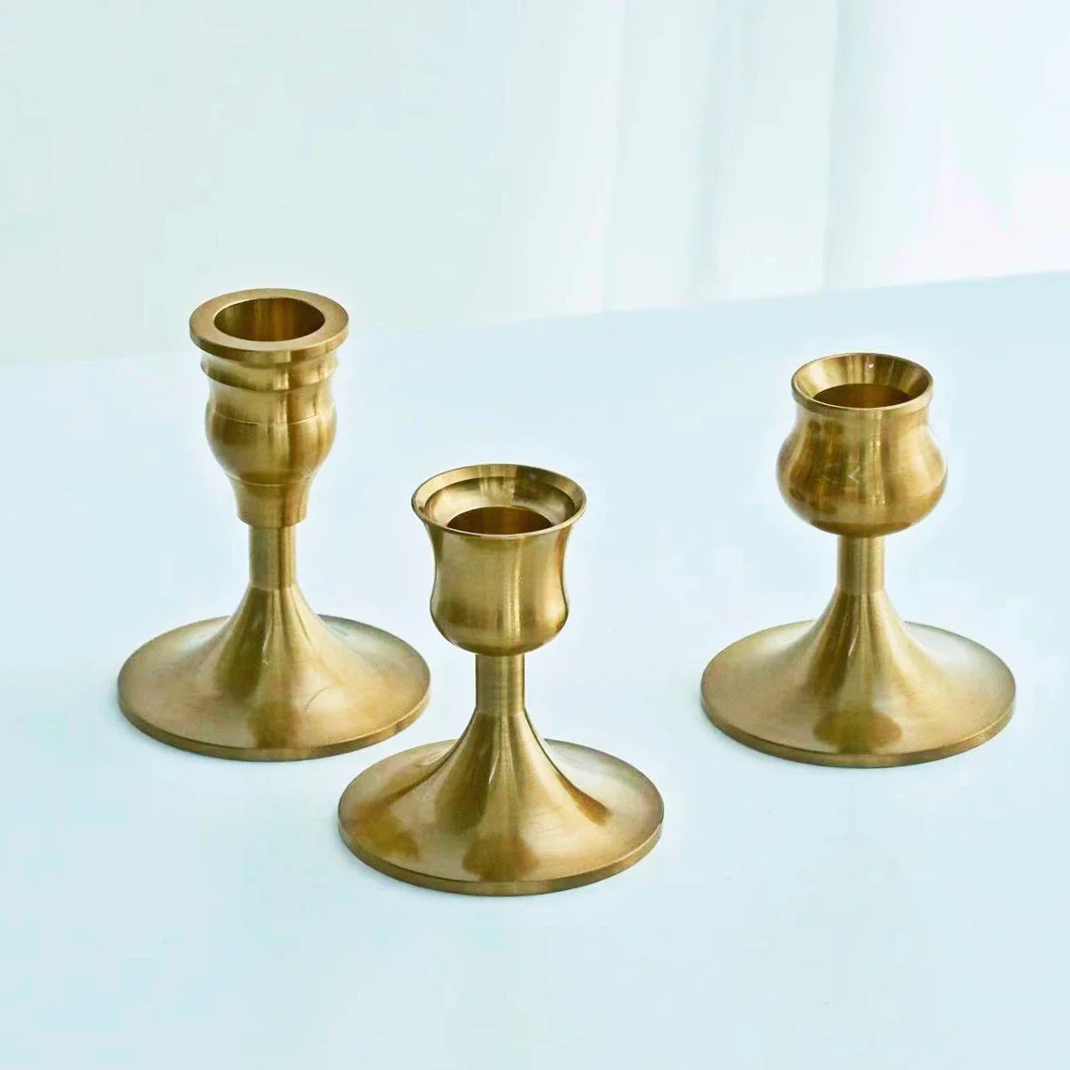 3-Piece Brass Gold Candlestick Holder Set 5.9/7.3/9.3 in (15/18.5/23.5 cm) Taper Candle Stands for Wedding & Home Decor