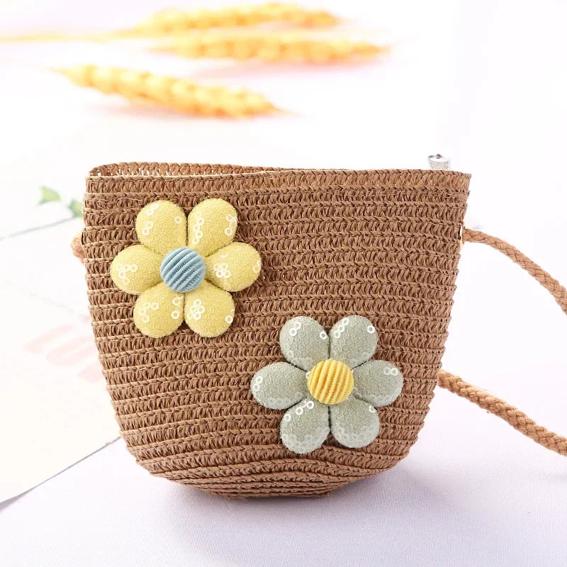 Girls Daisy Straw Mini Messenger Bag, Kids Shoulder Handbag with Coin Purse