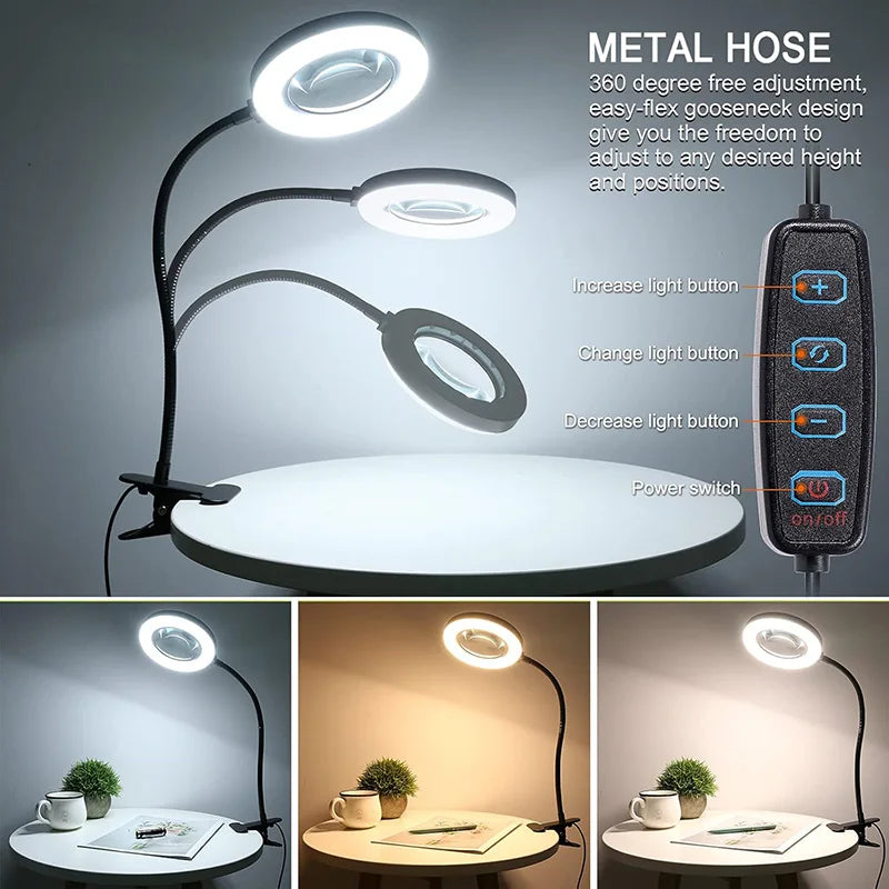 5X/10X LED Magnifying Glass with Light — 3 Color Modes, 10 Brightness Levels, 3.27-inch Glass Lens, Clip-On & Stand for Reading, Crafting, Manicure