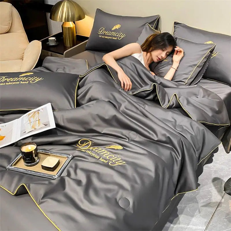 Embroidery Summer Cooling Quilt - Breathable Ice Silk Comforter 4-Piece Bedding Set (Queen 200 x 230 cm / 78.7 x 90.6 in)