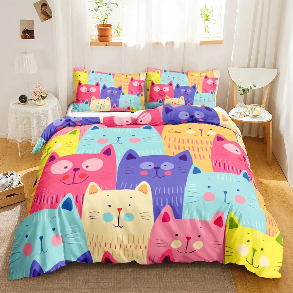 3-Piece Cute Cat Duvet Cover Set - Single-Sided Printed Cartoon Comforter Cover with Pillowcases