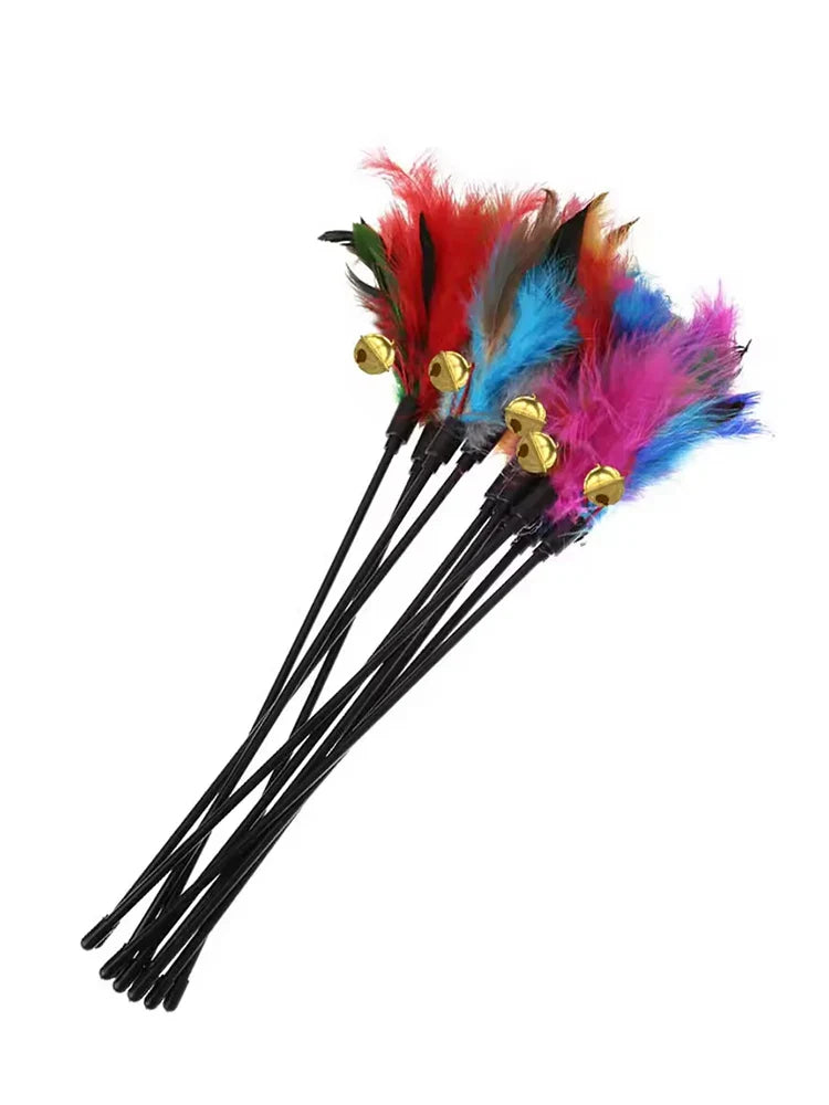5-Pack Interactive Cat Feather Wand Toys - Colorful Feather Teasers with Bell