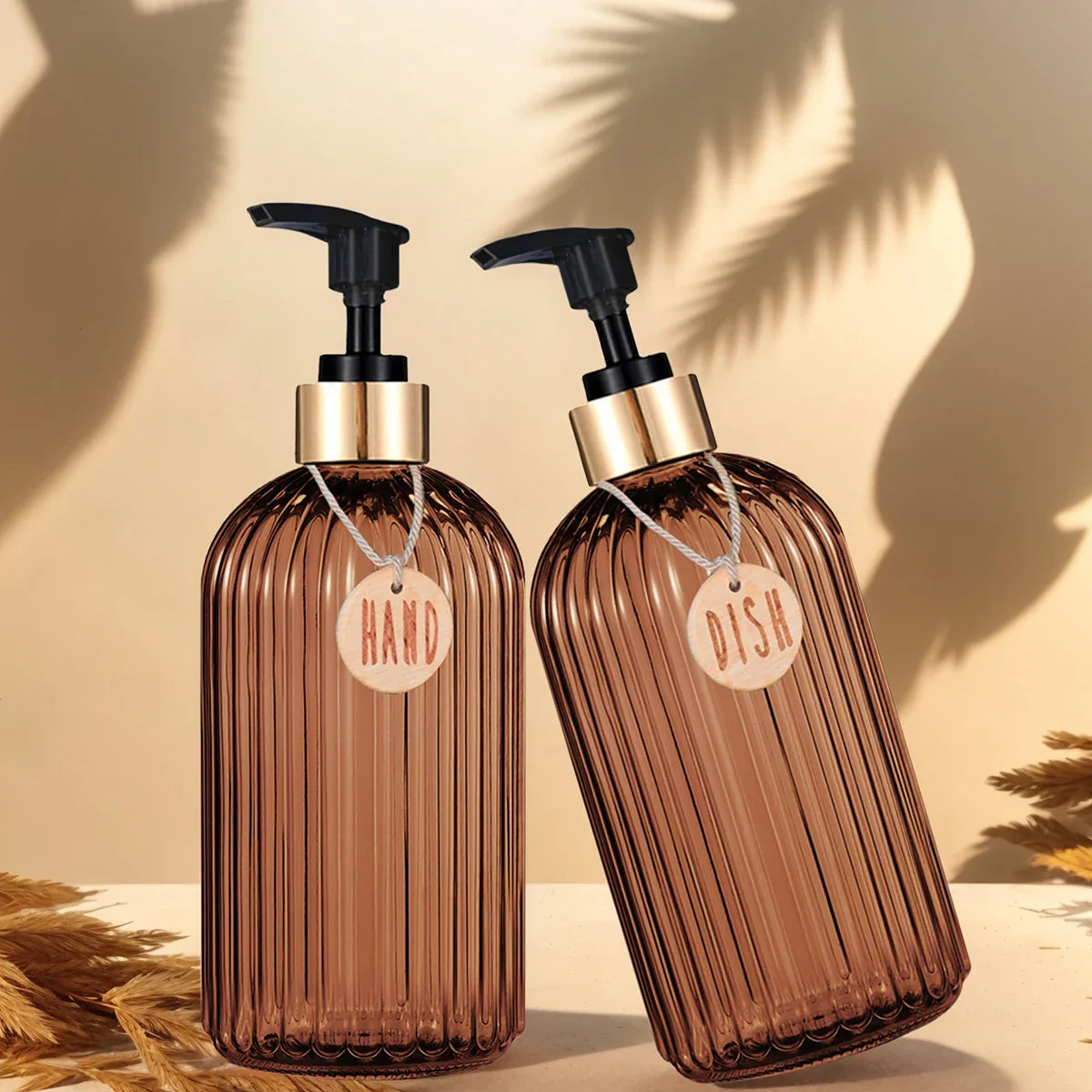 Amber Refillable Dish & Hand Soap Dispenser Bottle 500ml (16.9oz) Pump for Kitchen and Bathroom
