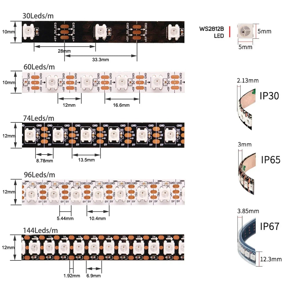 WS2812B 5V Individually Addressable 5050 RGB LED Strip – Smart Pixel LED Tape, IP30/IP65/IP67 Waterproof, Black/White PCB