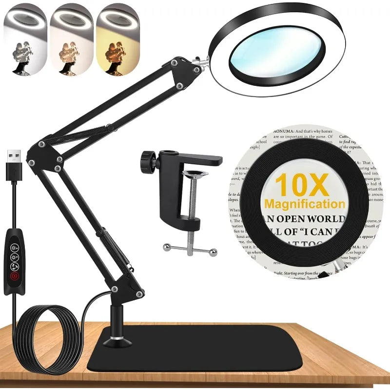 10x LED Magnifying Lamp 4.3-inch (110 mm) Glass Lens, 72-LED Dimmer, Swing Arm with Clamp & Weighted Base — 2-in-1 Desk Light for Crafts, Reading, Jewelry Repair