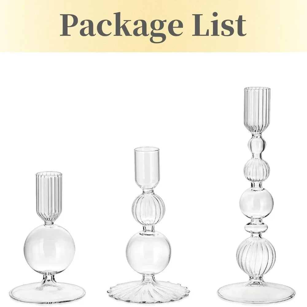 3-Piece Glass Taper Candle Holders and Flower Vases for Wedding Table Centerpiece