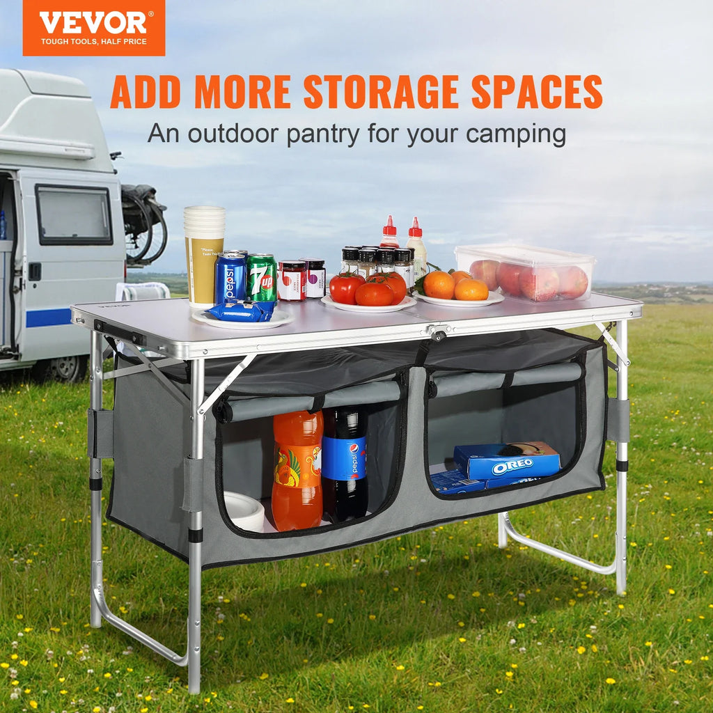 Folding Camping Kitchen Table with MDF Top – Portable Adjustable-Height Outdoor Cooking & BBQ Table for RVs and Picnics (47.2 x 18.5 in / 120 x 47 cm)