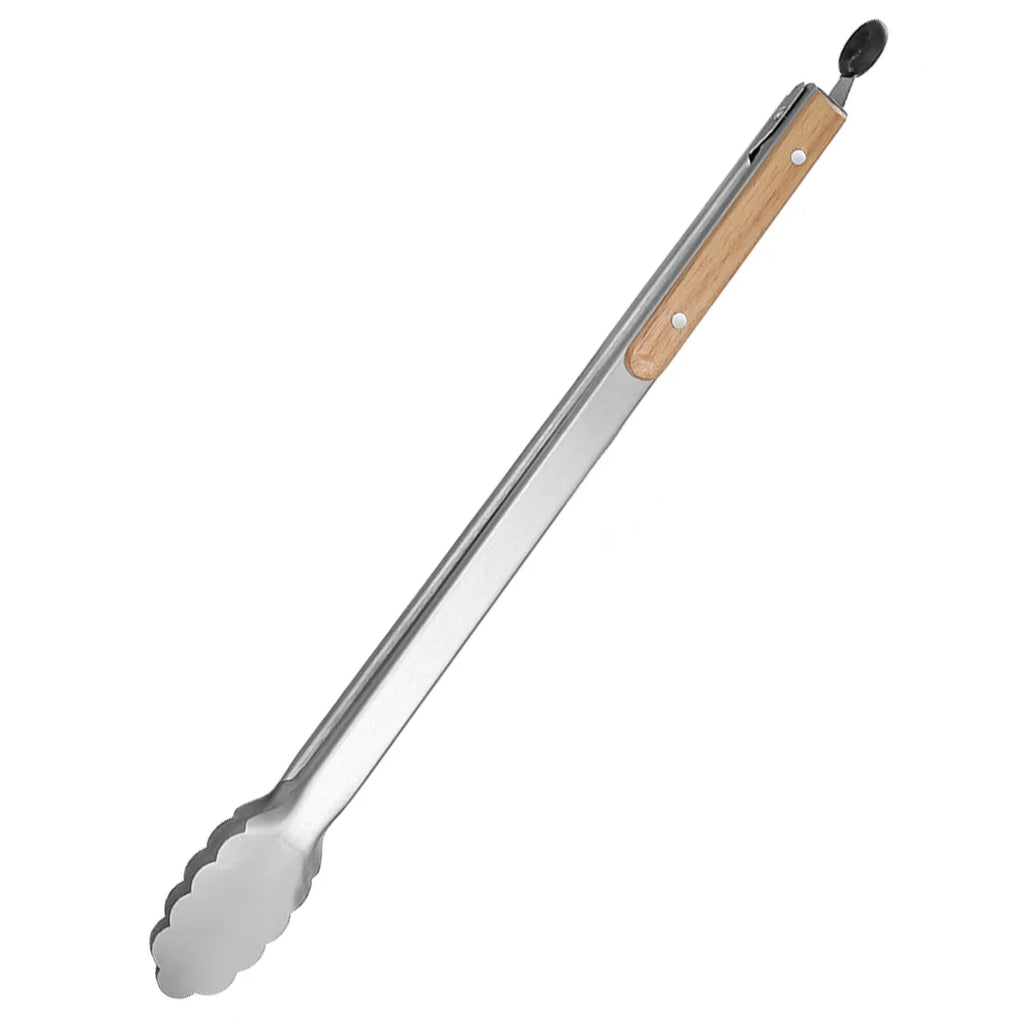 Stainless Steel Grill & Salad Tongs with Oak Handle, Locking Ring, Heat-Resistant — 5 Sizes Available