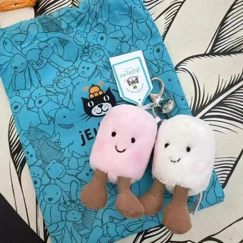 Cute Plush Cotton Cat Candy Two-Tone Soft Keychain Croissant & Cherry Charms