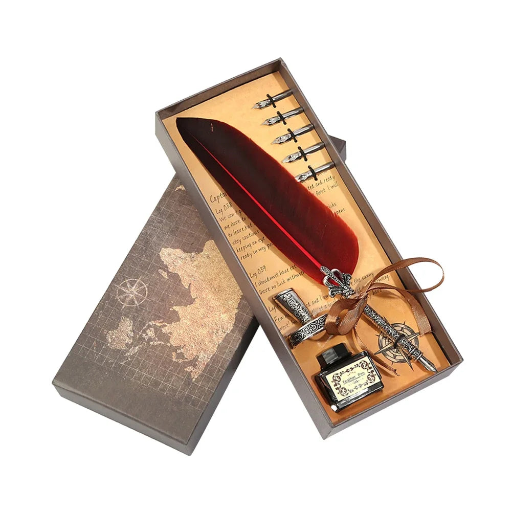 Retro Feather Dip Pen Calligraphy Set with Ink, 5 Nibs & Wax Seal Kit – Quill Writing Set for Stationery, Crafts & Gifts